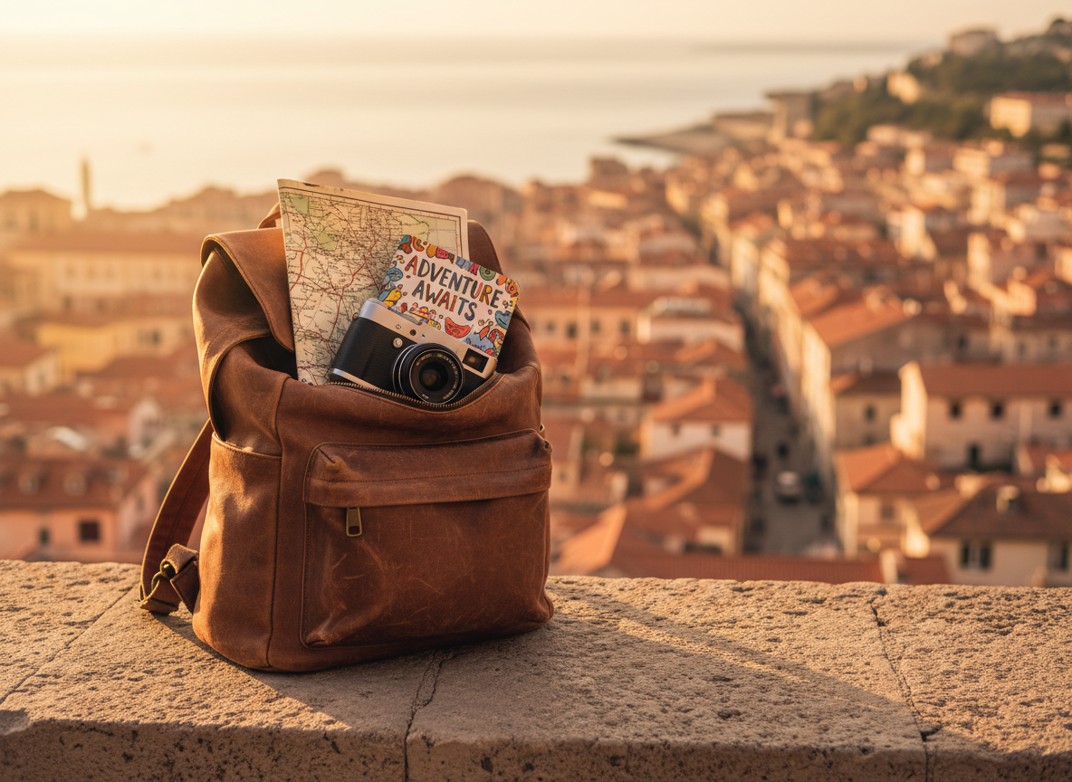 A weathered vintage-style brown leather backpack, slightly unzipped to reveal a folded map, a compact mirrorless camera, and a colorful travel journal with hand-drawn doodles on the cover. The backpack rests on a sun-warmed stone ledge overlooking a softly blurred coastal cityscape with terracotta rooftops and winding streets. Late afternoon golden hour light bathes the scene, catching the metallic zipper and camera lens with tiny highlights, while casting long, playful shadows. Photographic realism with a vibrant, colorful aesthetic. Shot at eye level using shallow depth of field, the composition follows the rule of thirds, creating an inviting, wanderlust-filled mood perfect for a playful travel blog hero image.