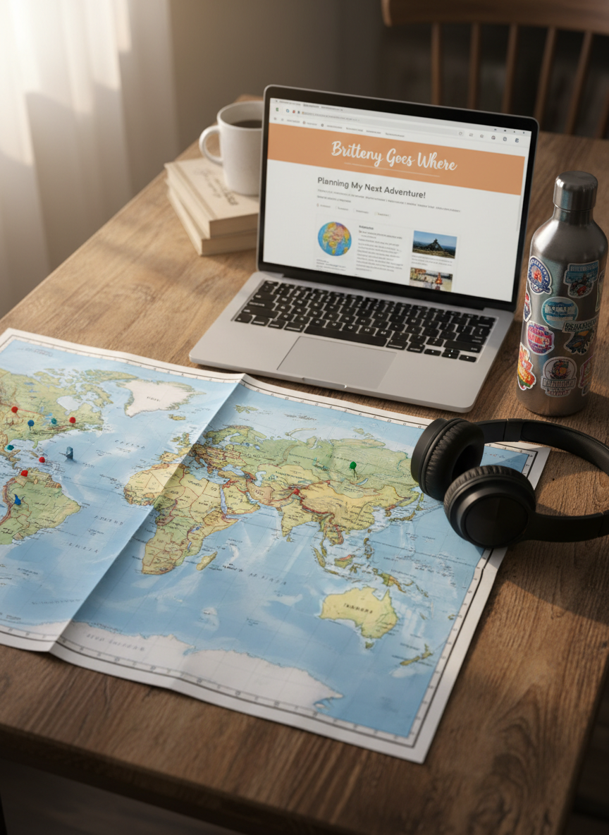 An open, slightly scuffed world map spread across a rustic wooden table, dotted with tiny colorful pushpins marking different destinations. Beside it sit a slim silver laptop displaying a travel blog layout on the screen, a pair of over-ear headphones, and a reusable water bottle with travel stickers. Soft, diffused morning light filters in from an unseen window to the left, creating gentle highlights on the laptop keys and subtle shadows under the objects. Photographic realism with a clean, modern vibe. Captured from a slightly elevated angle with moderate depth of field, the mood feels curious, organized, and adventurous—suggesting behind-the-scenes trip planning for Brittany Goes Where.