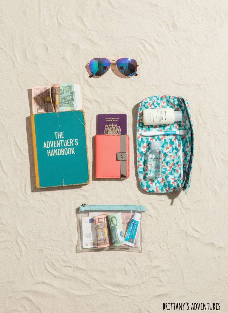 A neatly arranged flat lay of budget-to-luxury travel essentials on a pale sandy, textured background: a well-used guidebook with folded corners, a sleek passport wallet with a metallic clasp, a roll-up toiletry bag with both drugstore and high-end mini products, and a small clear pouch of neatly rolled currency and travel cards. A pair of reflective sunglasses rests at the edge, catching soft overhead studio lighting that creates clean, minimal shadows. Photographic realism with bright, playful colors—pops of teal, coral, and mustard. Shot from a true bird’s-eye view with sharp focus throughout, the composition feels organized yet fun, capturing Brittany’s playful approach to all styles of travel.