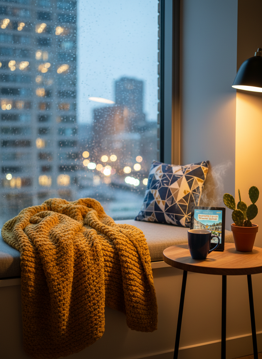A cozy window seat in a boutique hotel room, styled with a chunky knit mustard blanket, a patterned travel pillow, and a small side table holding a steaming ceramic mug, a Kindle displaying a travel guide cover, and a tiny potted cactus. Outside the rain-speckled window, a blurred city skyline glows with evening lights. Warm, ambient lamp light from the right side balances the cool blue twilight outside, creating a snug, inviting atmosphere. Photographic realism, with a focus on rich textures—soft fabrics, smooth ceramic, and faint condensation on the glass. Captured at a slightly low angle with shallow depth of field, this composition evokes relaxed, playful luxury after a day of exploring.